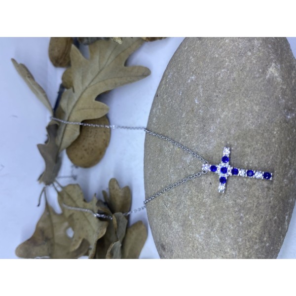 Collar de plata de cruz con piedras azules