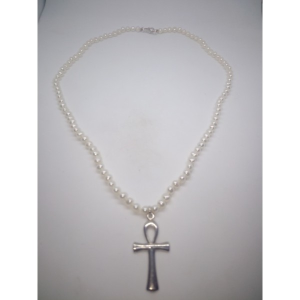 Collar perla rio con cruz ag
